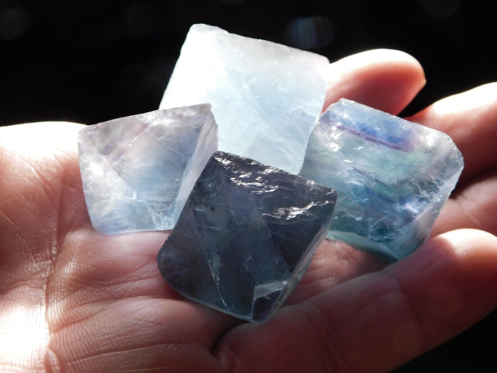 Lot of FOUR 100% Natural TEAL FLUORITE Octahedron Crystals 117gr