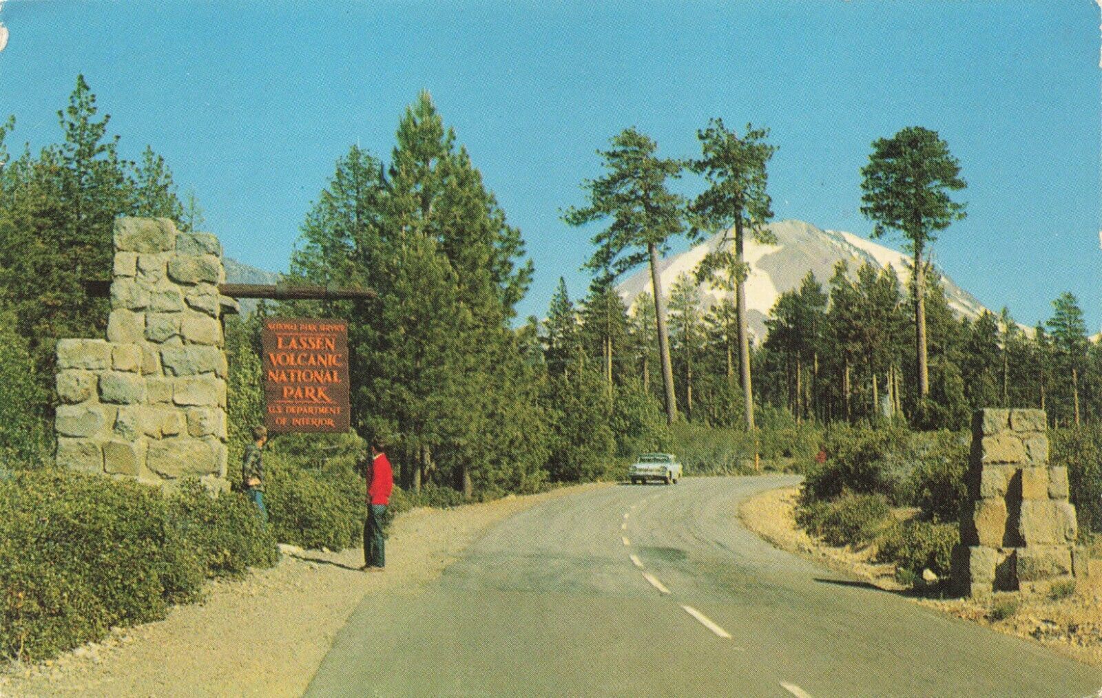 Postcard CA Manzanita Lake Entrance Highway 44 Lassen Volcanic National Park Car