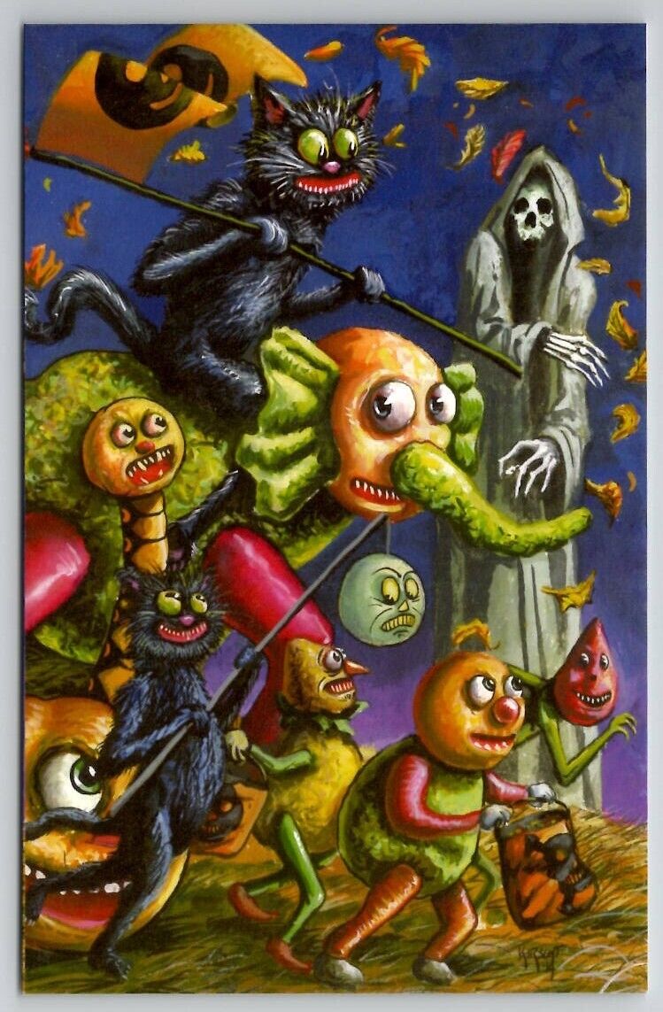 Matthew Kirscht Halloween Lets Go Trick or Treat Skull Shiverbones Postcard MK