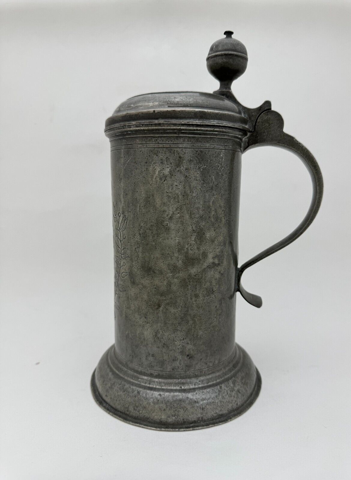 Antique German Engraved Crested Pewter Tankard Stein Mug \