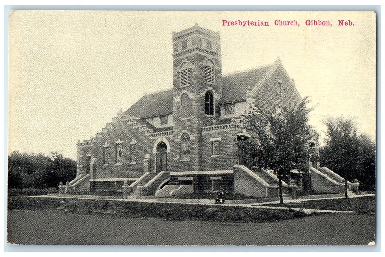 c1910's Presbyterian Church Exterior Roadside Gibbon Nebraska NE Trees Postcard