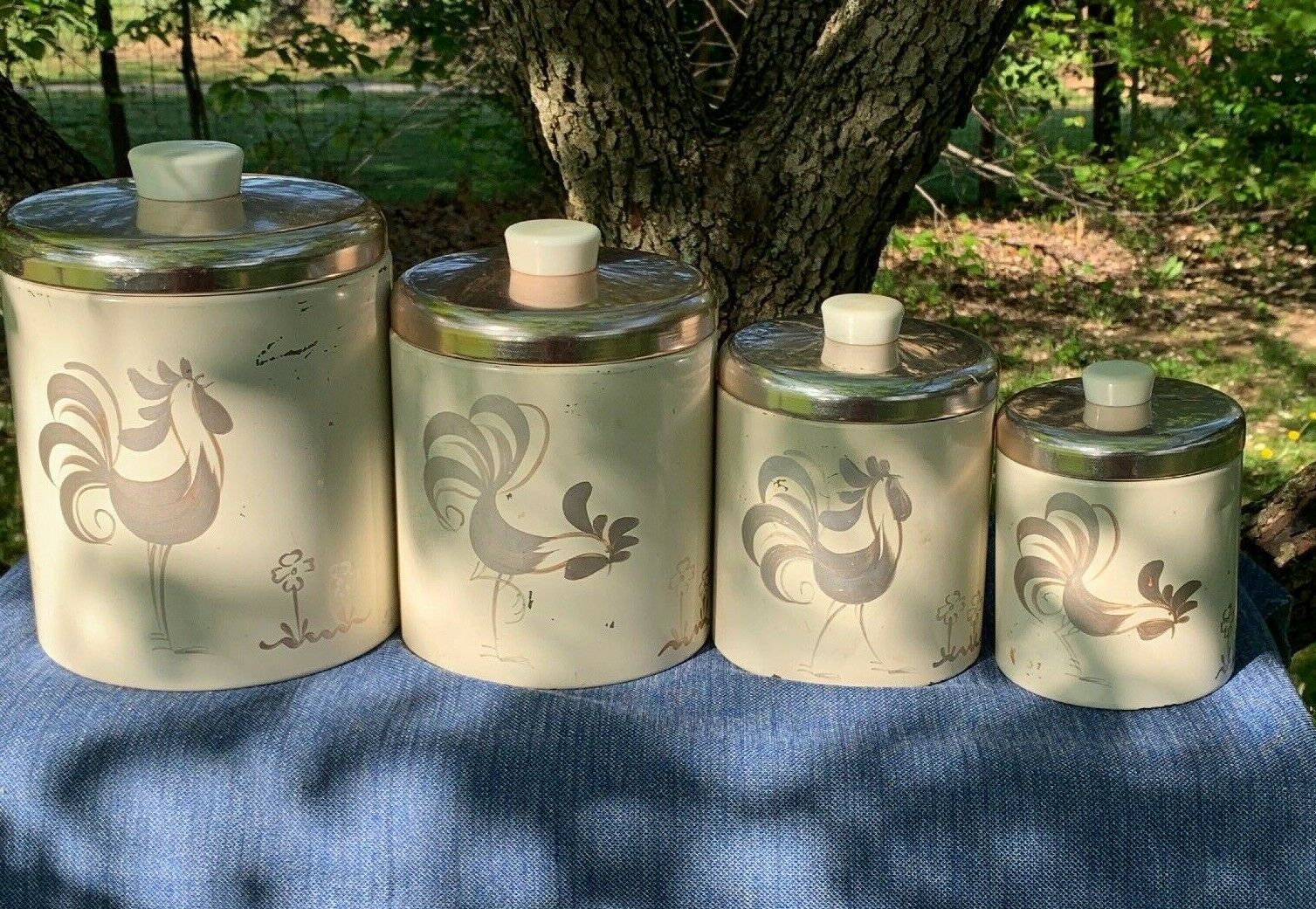 Vintage Ransburg Indianapolis Metal Canister Set 4 Rooster Chicken Copper ❤️m17