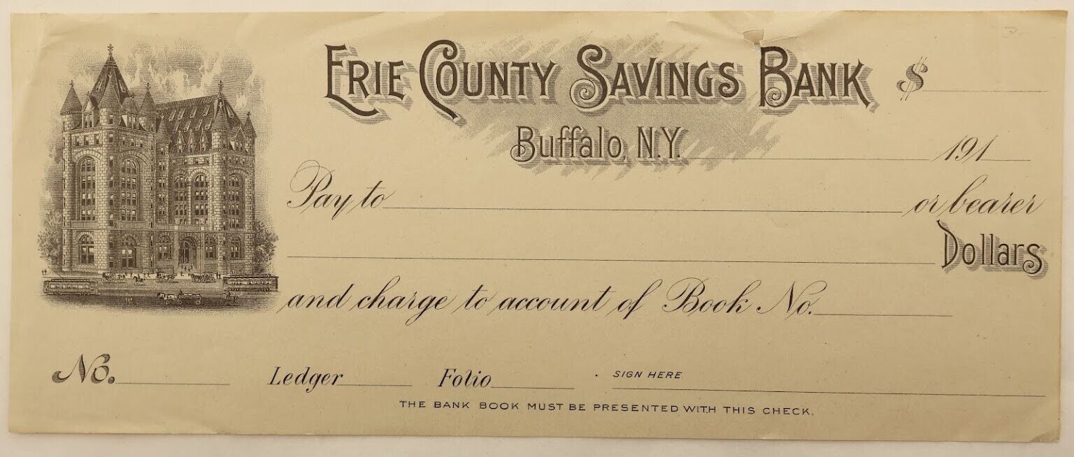 Vintage Unused Illustrated Check, Eerie County Savings Bank, Buffalo c1910