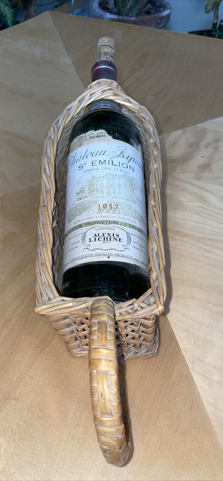 1957 Chateau Ripeau St Emilion Empty Wine Bottle Wicker Basket Cork A Lichine