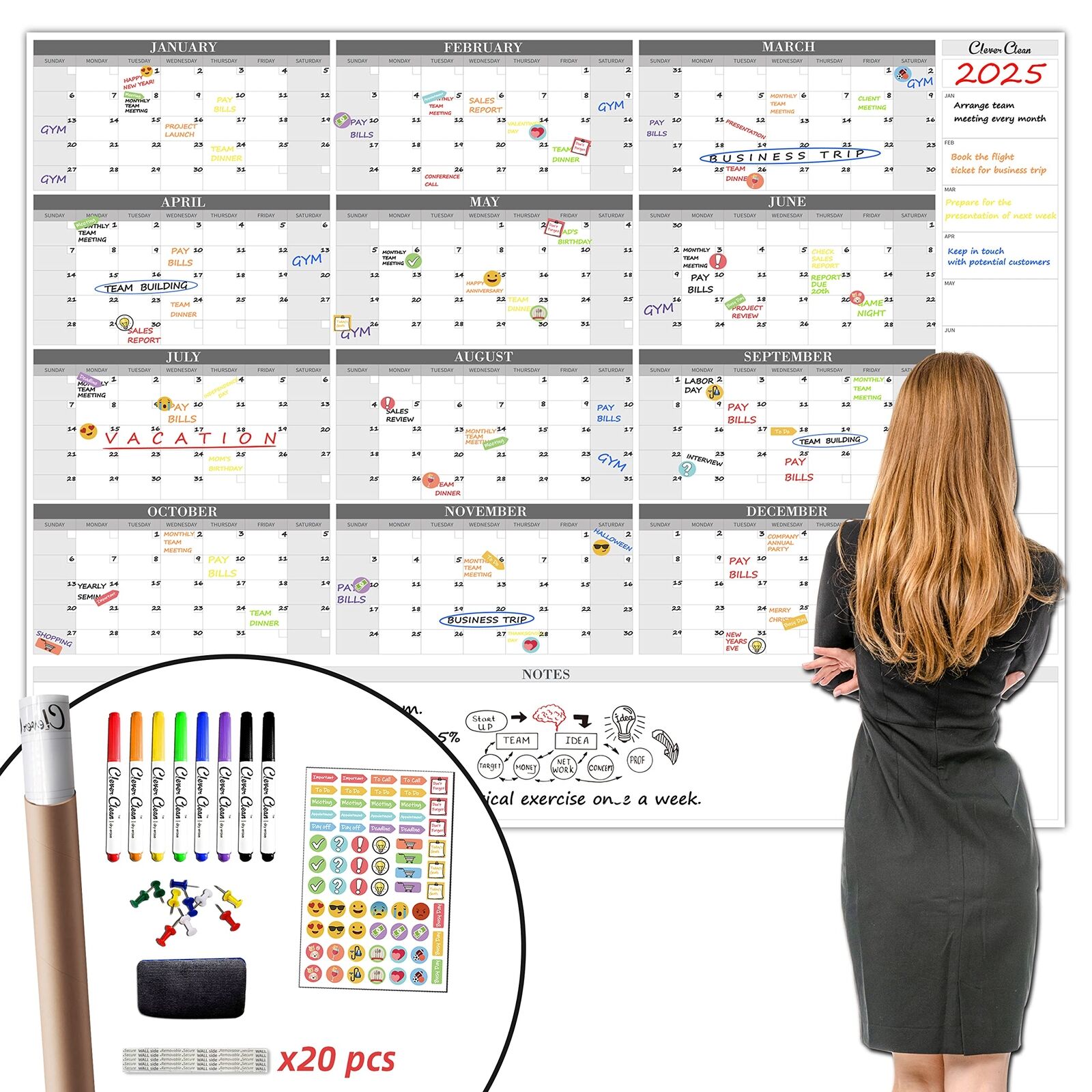 CLEVER CLEAN Large Dry Erase Wall Calendar - 48