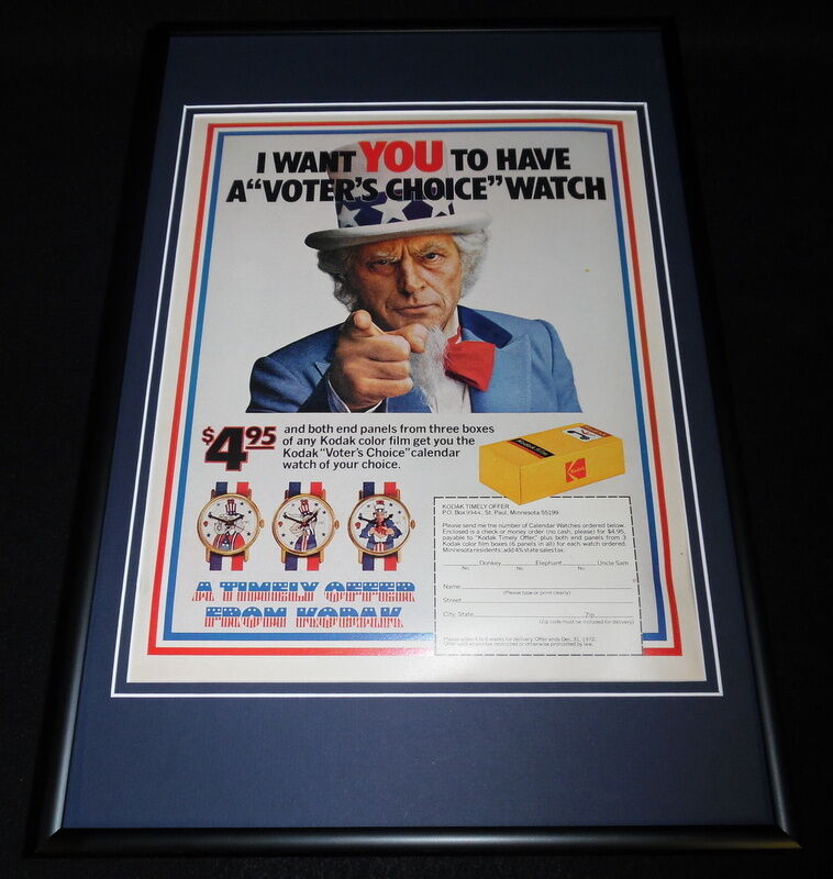 Uncle Sam 1972 Kodak Film / Watch Framed 12x18 ORIGINAL Vintage Advertisement