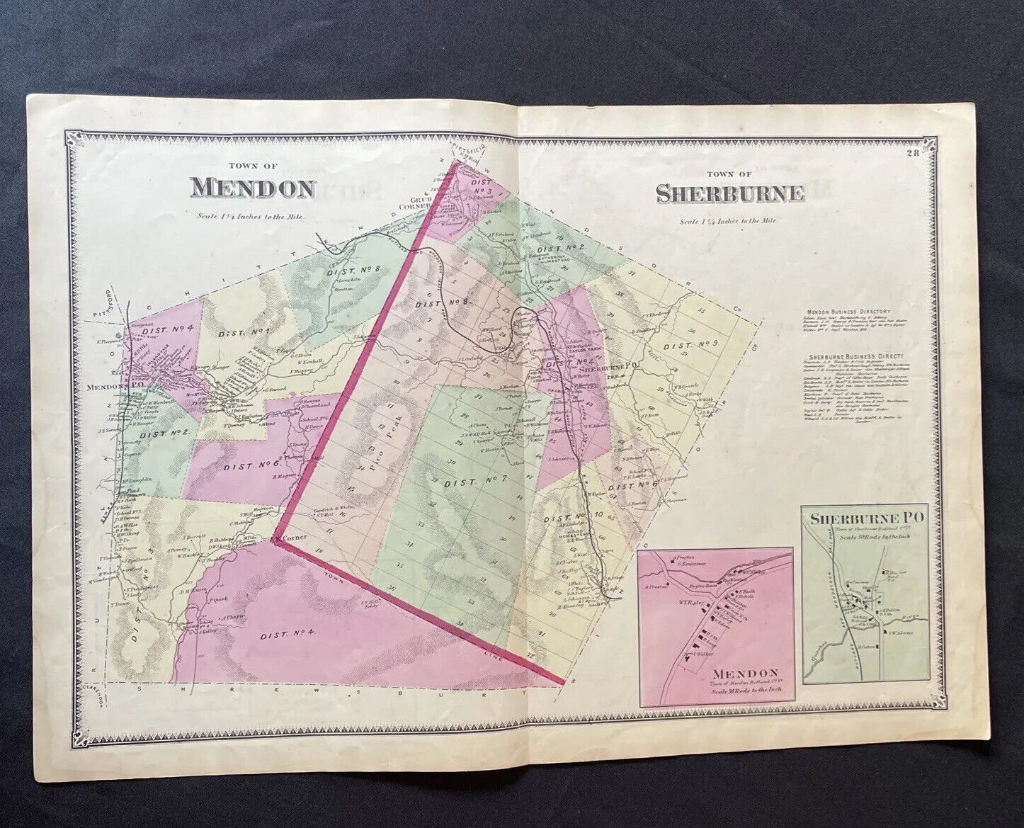 1869 Antique Mendon Vermont Color Map VT F.W. Beers - Sherburne VT - Killington