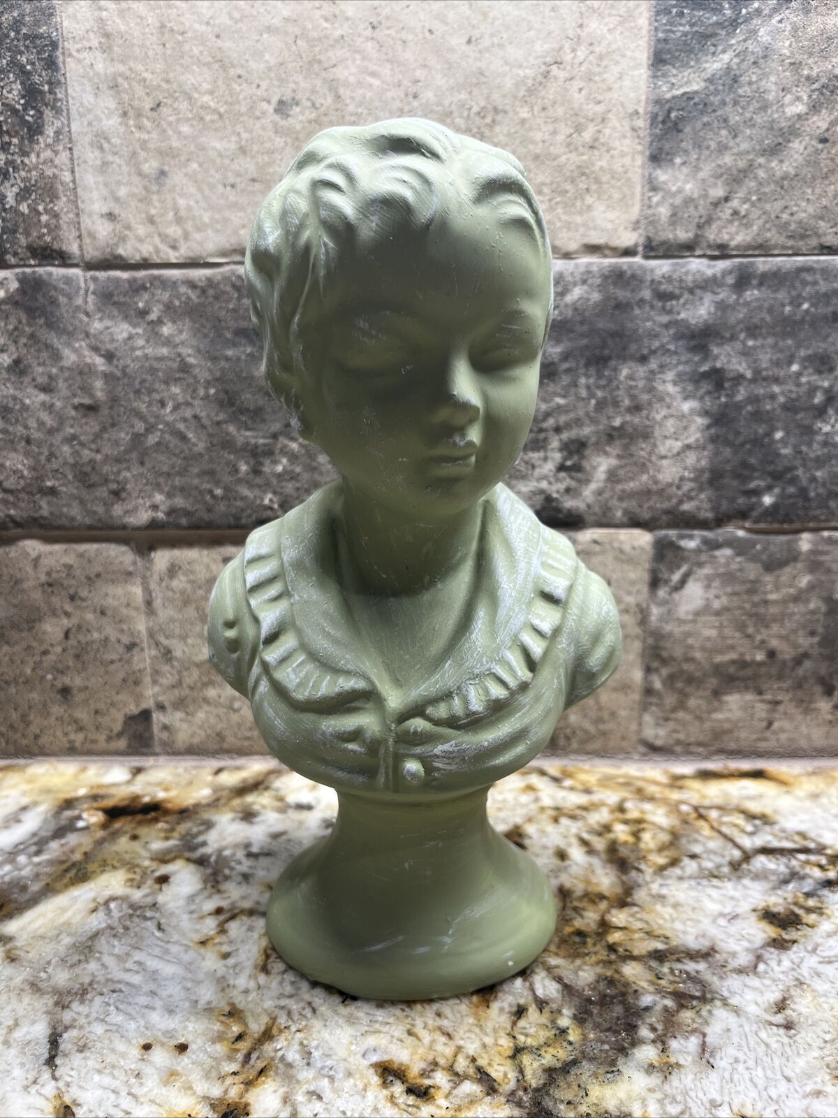 Green Painted Bust 9.5 In Tall, 5 In Wide, Vintage