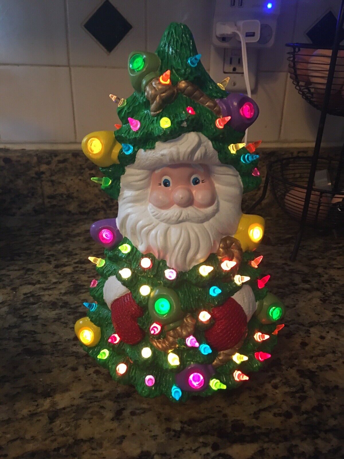 Christmas Tree Santa Face Lighted Ceramic Mold 10.5”  Rare VTG Holiday Lights
