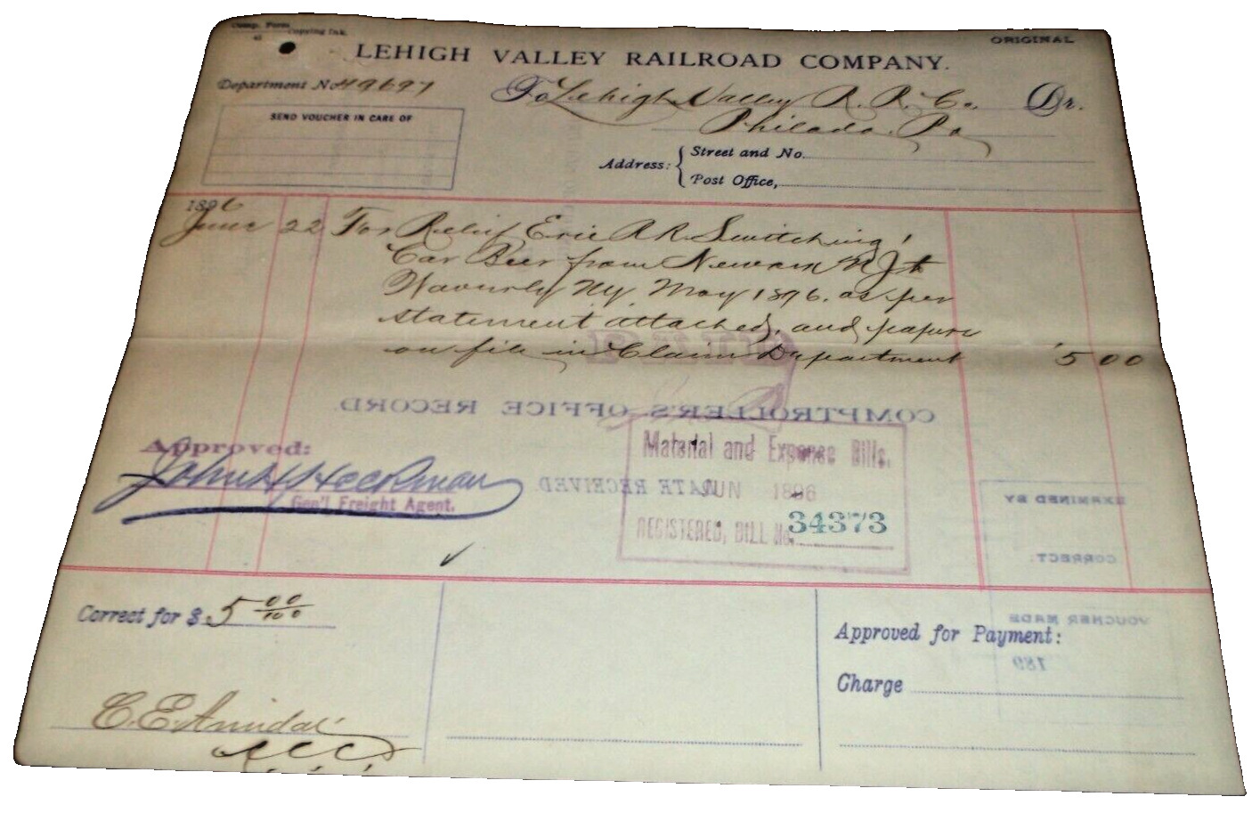 JUNE 1896 LEHIGH VALLEY RAILROAD DISBURSEMENT VOUCHER WAVERLY NEW YORK B
