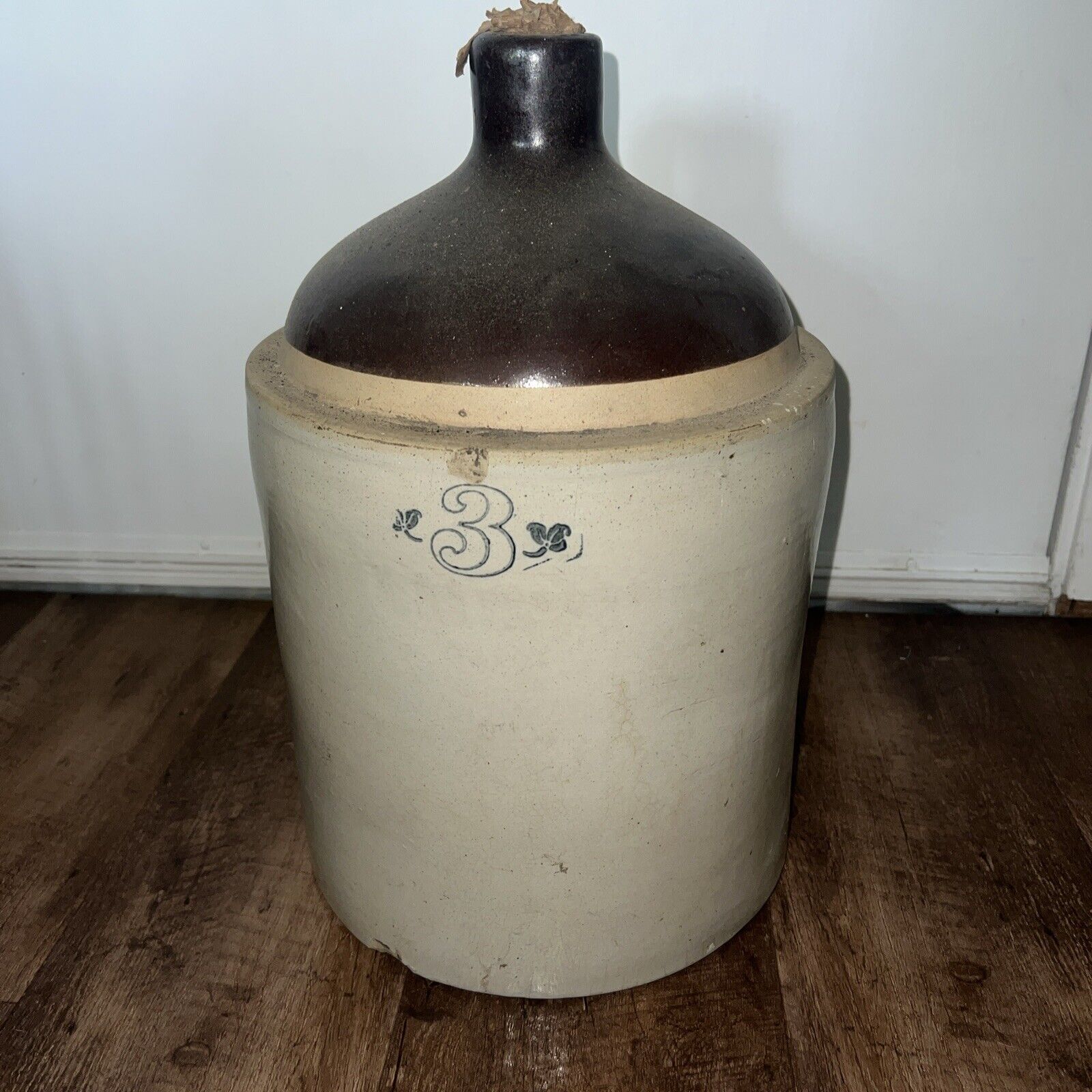 Vintage Antique Primitive Stoneware Whiskey Crock Jug Two Tone 3 Gallon