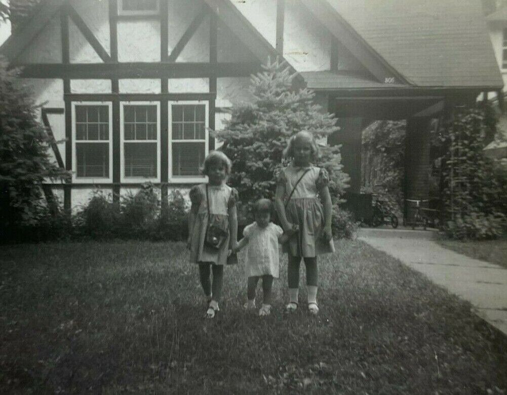 Three Little Girls Holding Hand In Front Of House B&W Photograph 3.5 x 5