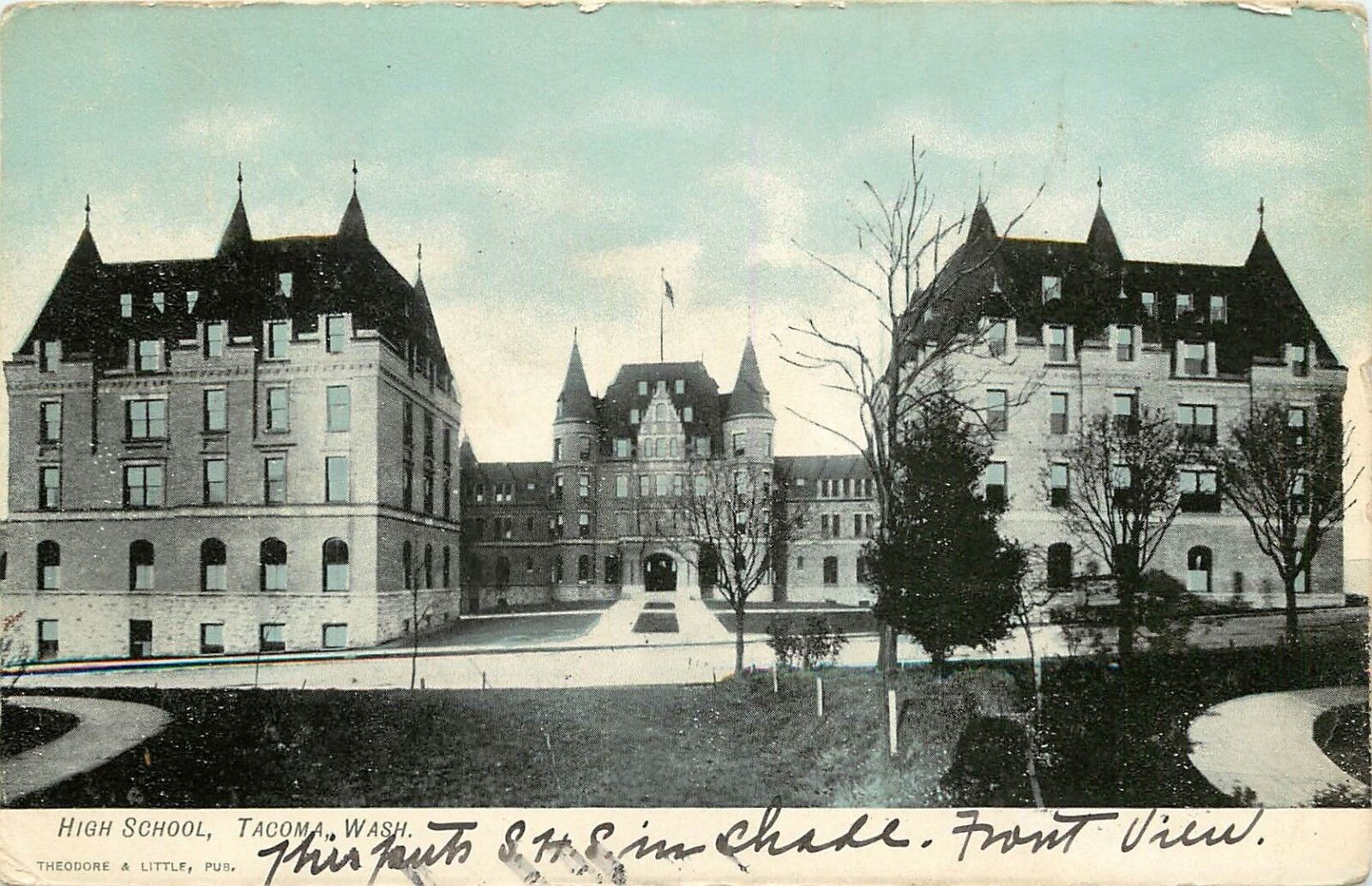 c1907 Printed Postcard; Front View of High School, Tacoma WA Posted