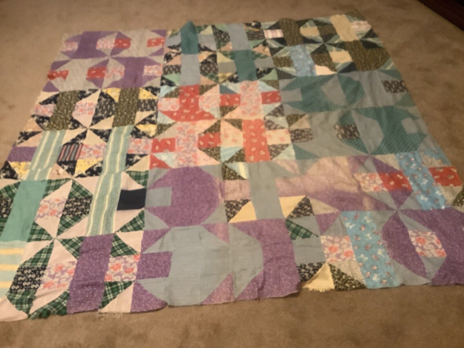 Vintage Quilt Top Cotton 65”sq. 11” Patch, Hand Pieced Great Old Fabric