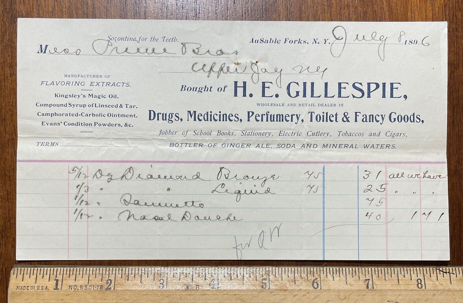 1896 billhead Gillespie medicines electric cutlery bottler soda Ausable Forks NY