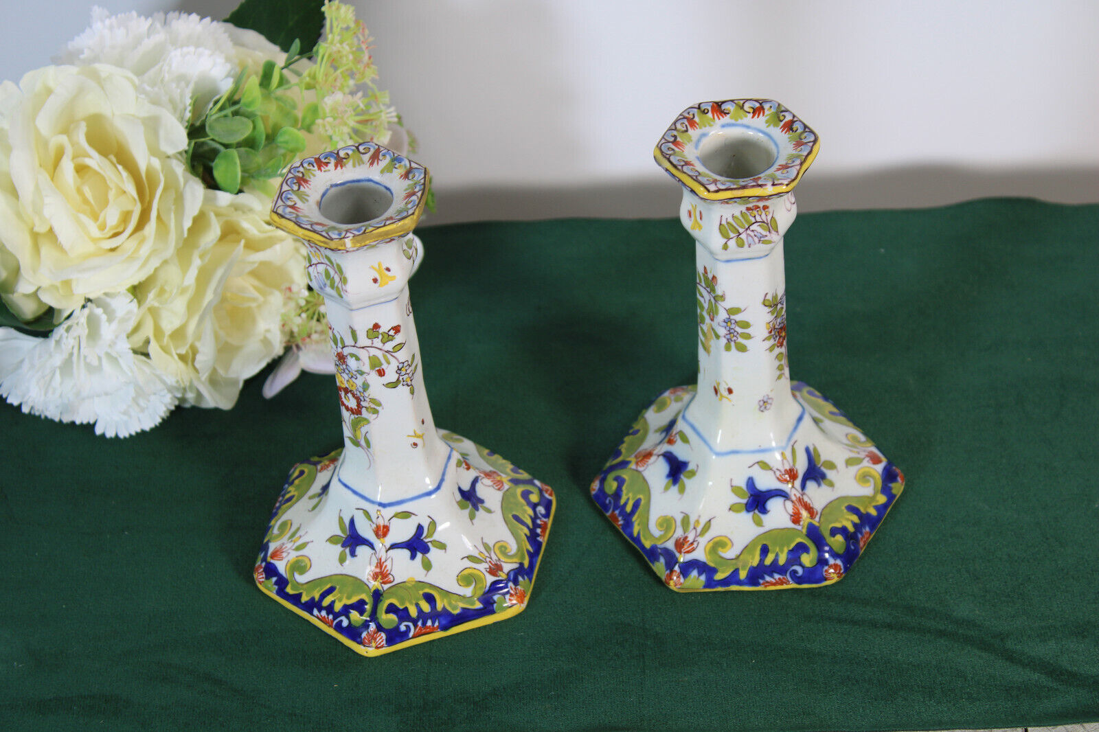 Antique french rouen ceramic candle holders 