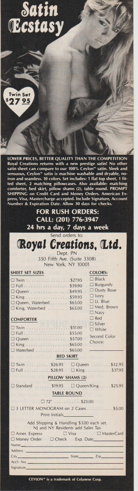 1986 Royal Creations Satin Sheets - Nude Blonde Girl Bed - Order Form Print Ad