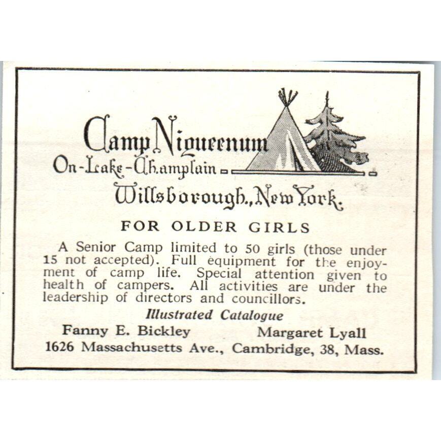 Camp Nicqueenum Lake Champlain Willsborough NY Fanny E. Bickley - 1921 Ad TJ7-S8