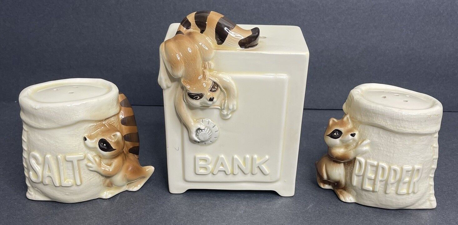 Quon Quon Japan Raccoon Ceramic Salt Pepper Shakers & Bank Vintage 1980s