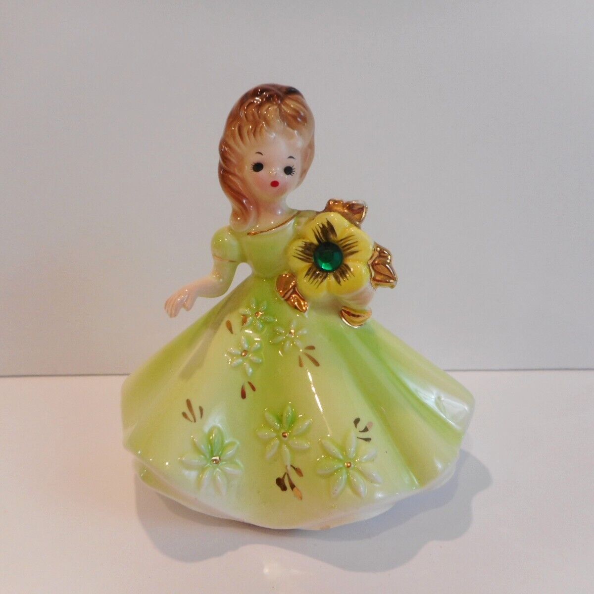 Vintage Retro Josef Originals Porcelain Figurine May Birthstone Doll Emerald