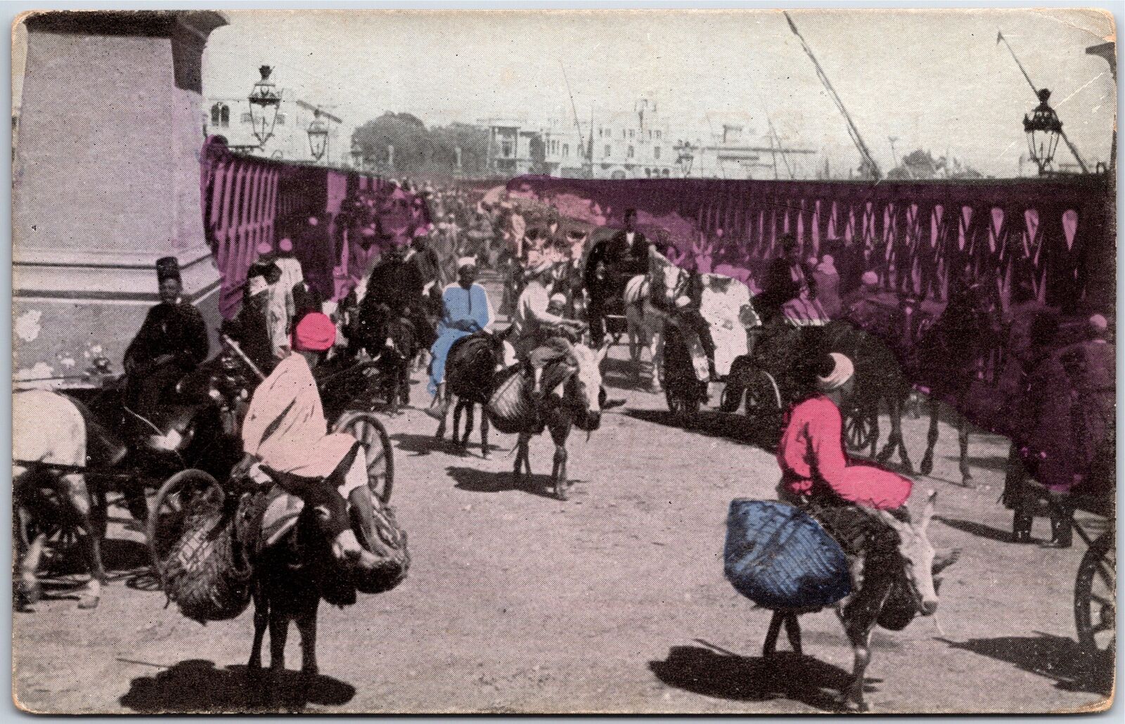 VINTAGE POSTCARD CROWDED STREET SCENE AT THE GREAT NILE BRIDGE IN EGYPT c. 1910