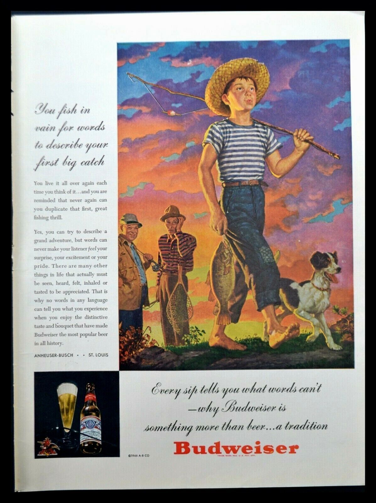 1946 BUDWEISER Beer Print Ad Young Boy & Dog FISHING theme