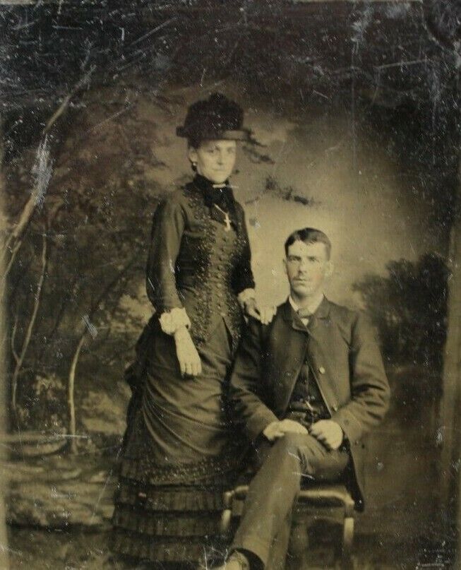 C.1880s Tintype Beautiful Woman & Man Couple Victorian Dress Intimate Pose T20