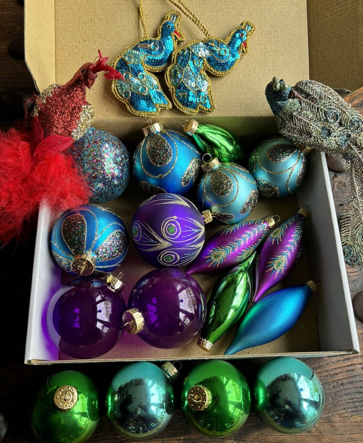 19 Peacock Ornaments Assorted Glass Hand Painted Clip-on Sequin Purple Blue Gree