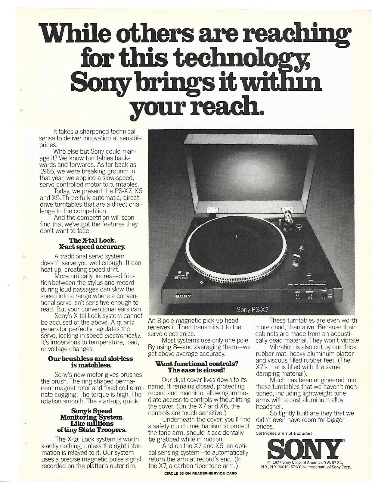 Vintage Sony PS-X7 Turntable ad, B&W / 1 Page, 05/1978