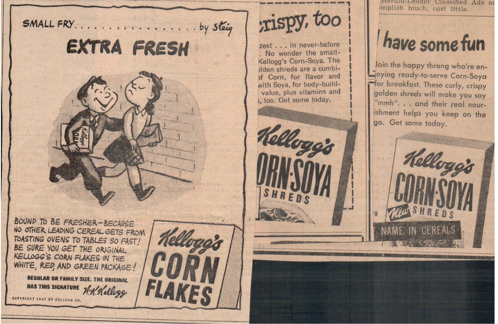 1940's Kellogg's Corn Flakes & Corn Soya cereal (3) newspaper clipping ad 4x4