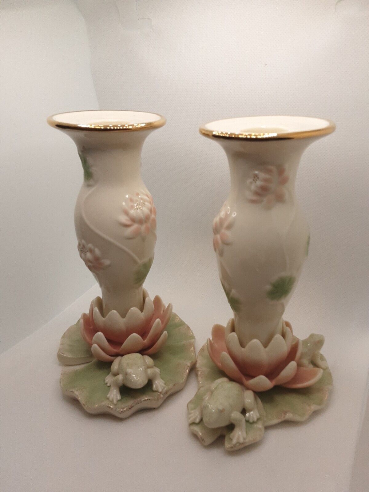 Set Of 2 Lenox Floral Frog Candlesticks Lilypad Lotus Flowers Frogs With FLAW