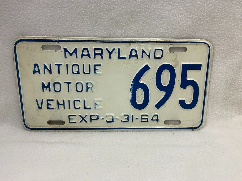 Antique Motor Vehicle Maryland Embossed License Plate 1963 to 1964 Single 695