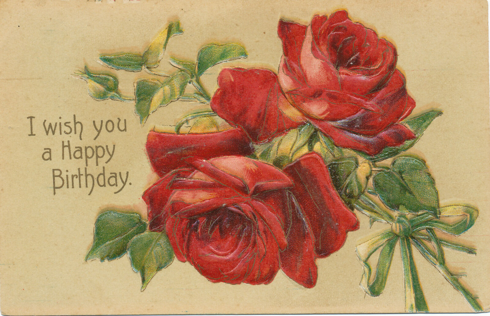 Happy Birthday - Postcard 1908 - Large Red Roses *