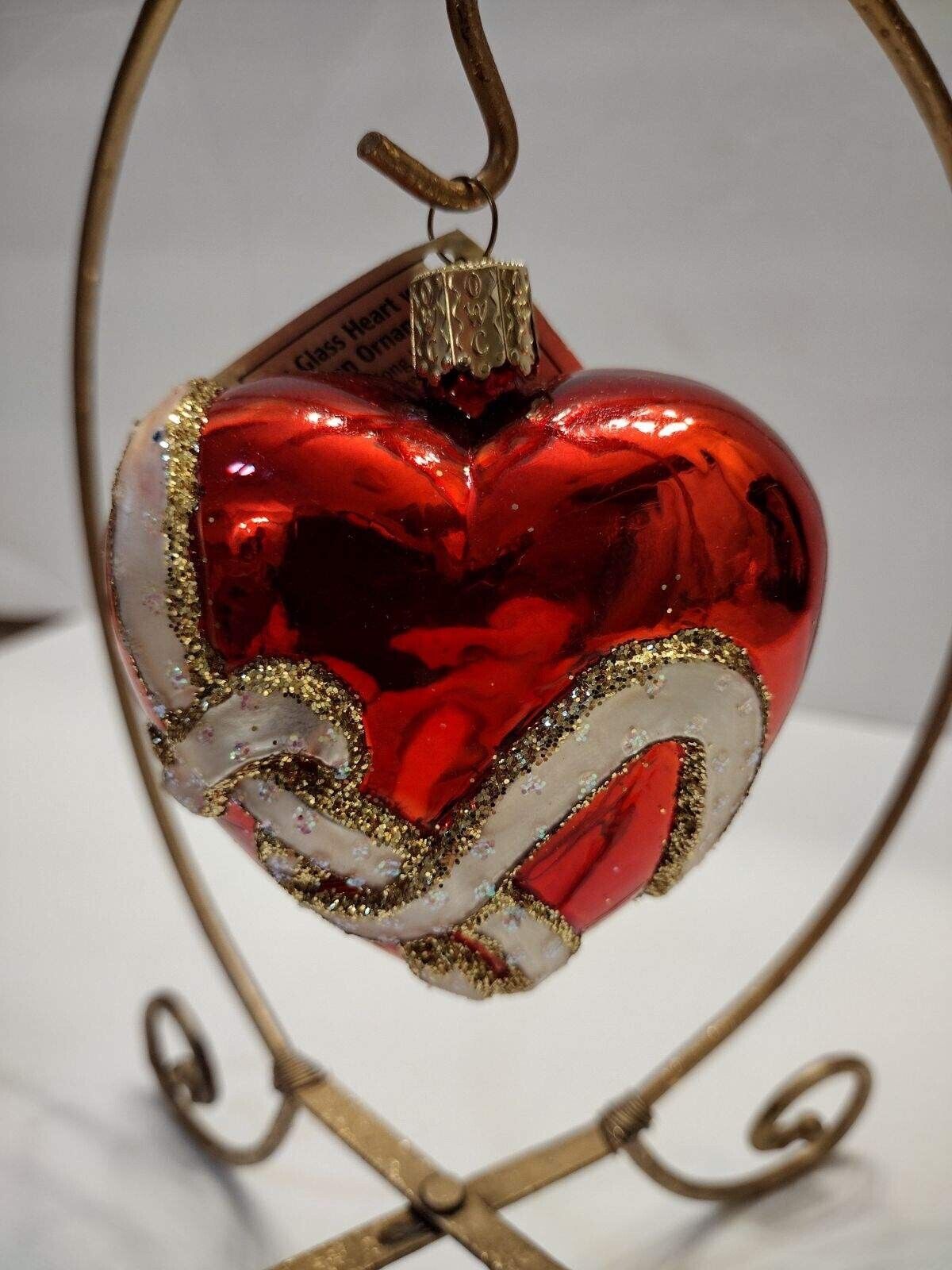 merck family's old world HEART ORNAMENT NIB RED TRIMMED IN GOLD AND WHITE 