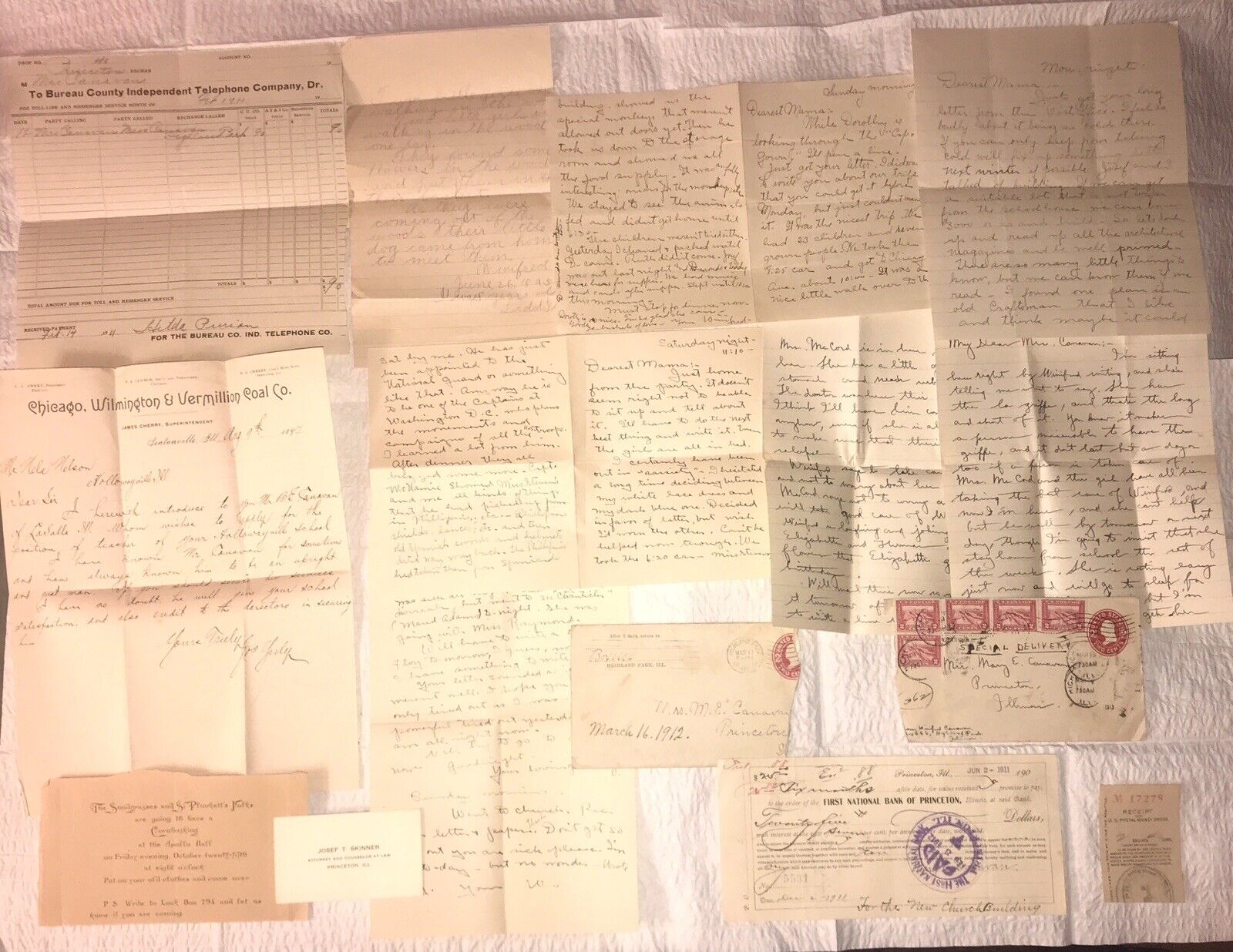 Early 1900’s Letters & Papers, Princeton, Tampico, Aldo, Sheridan, Illinois