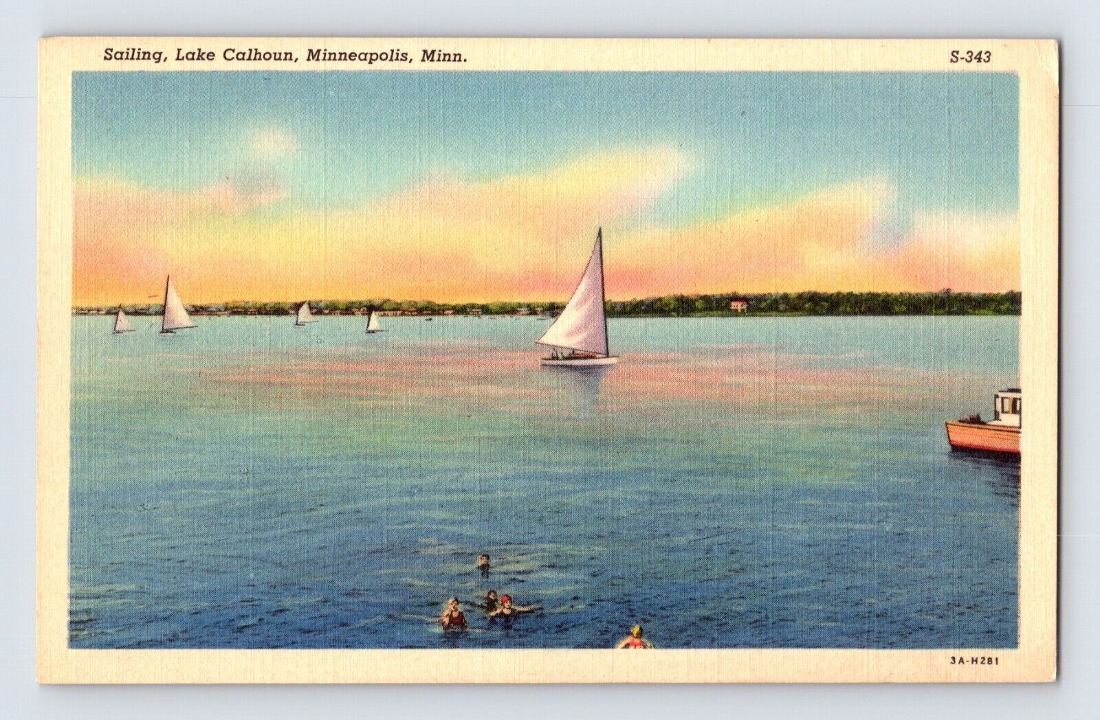 Postcard Minnesota Minneapolis MN Lake Calhoun Sailboat Swimming 1940s Unposted