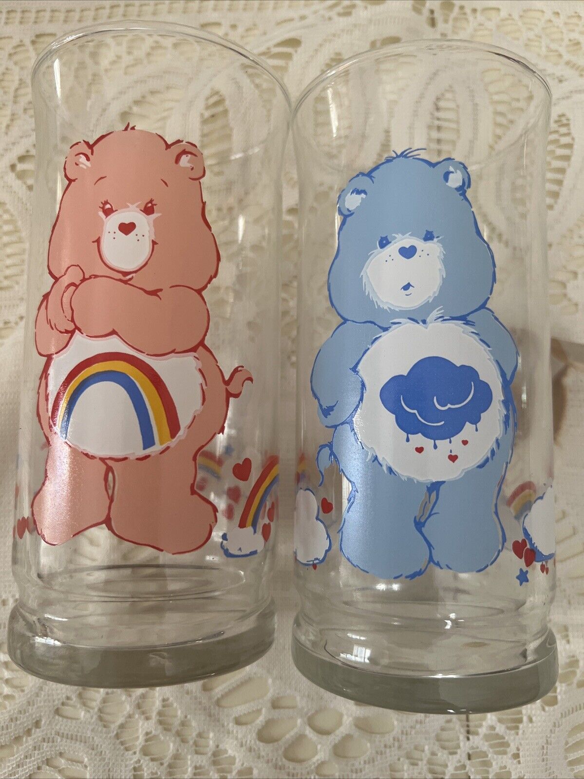 Vtg 1983 Care Bears Pizza Hut Tumbler Glass Set Of 2 Cheer & Grumpy Rainbow