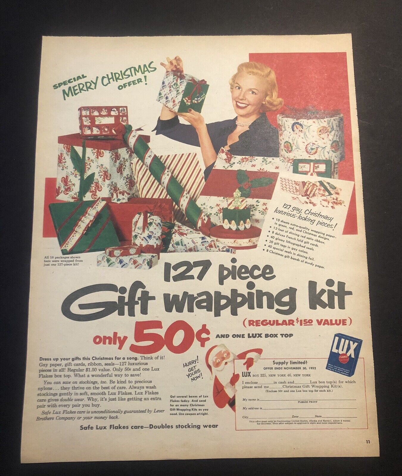 1950’s Christmas Holiday Santa Gift Wrap Mail-In Colorful Magazine Print Ad