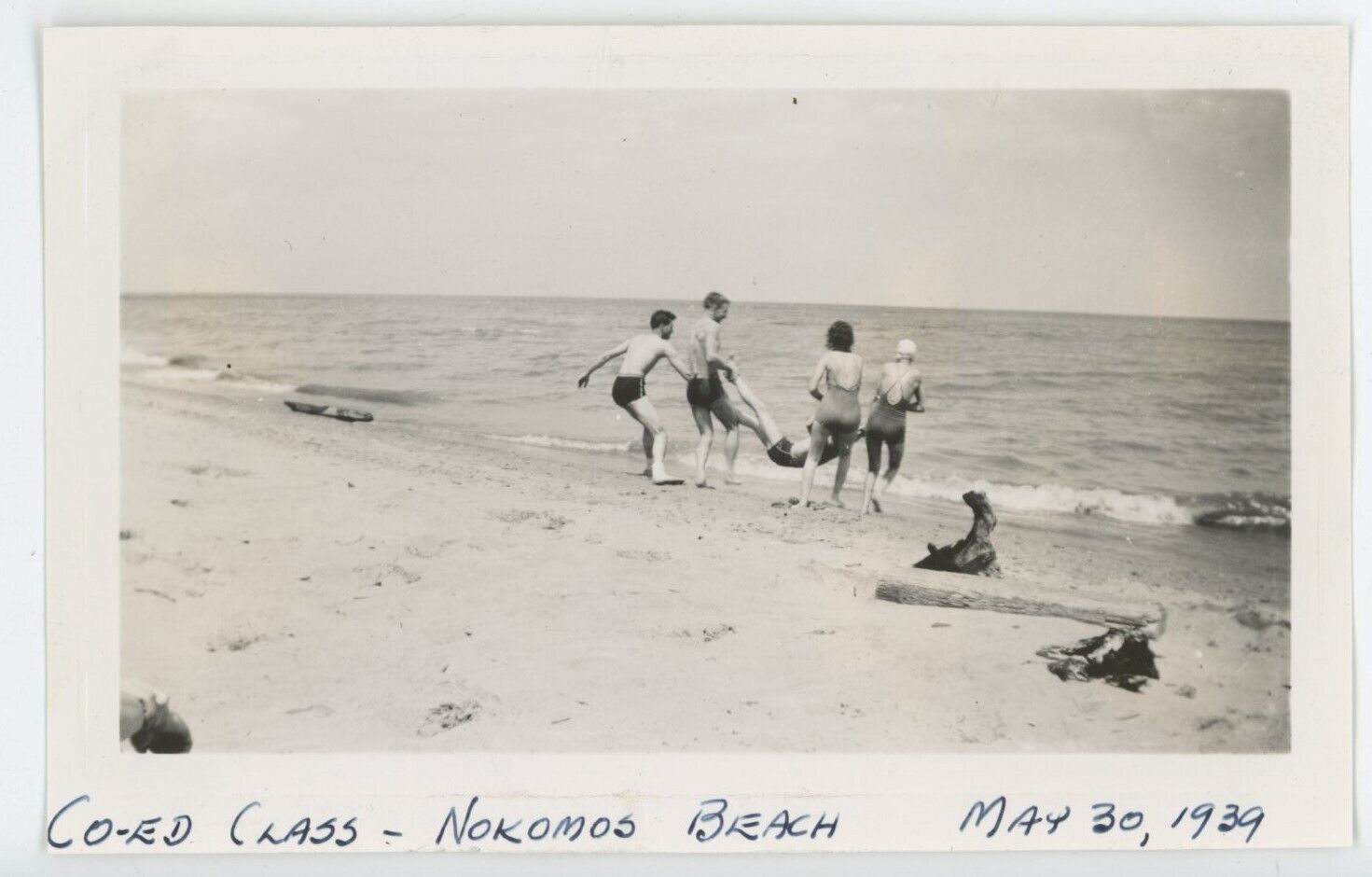 Vintage Photo Co Ed Friends Throwing Man In Ocean Funny Swim Waves Sand Sun 1939