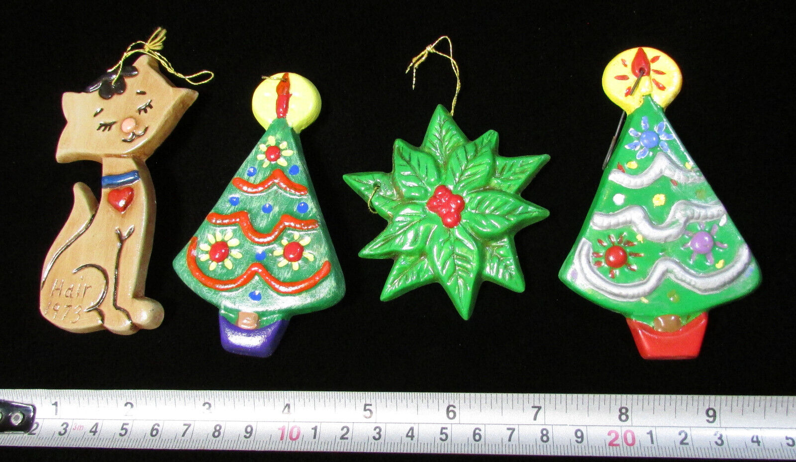 Lot of 4 Vintage 1970\'s Hand Painted Signed CERAMIC CHRISTMAS TREE ORNAMENTS