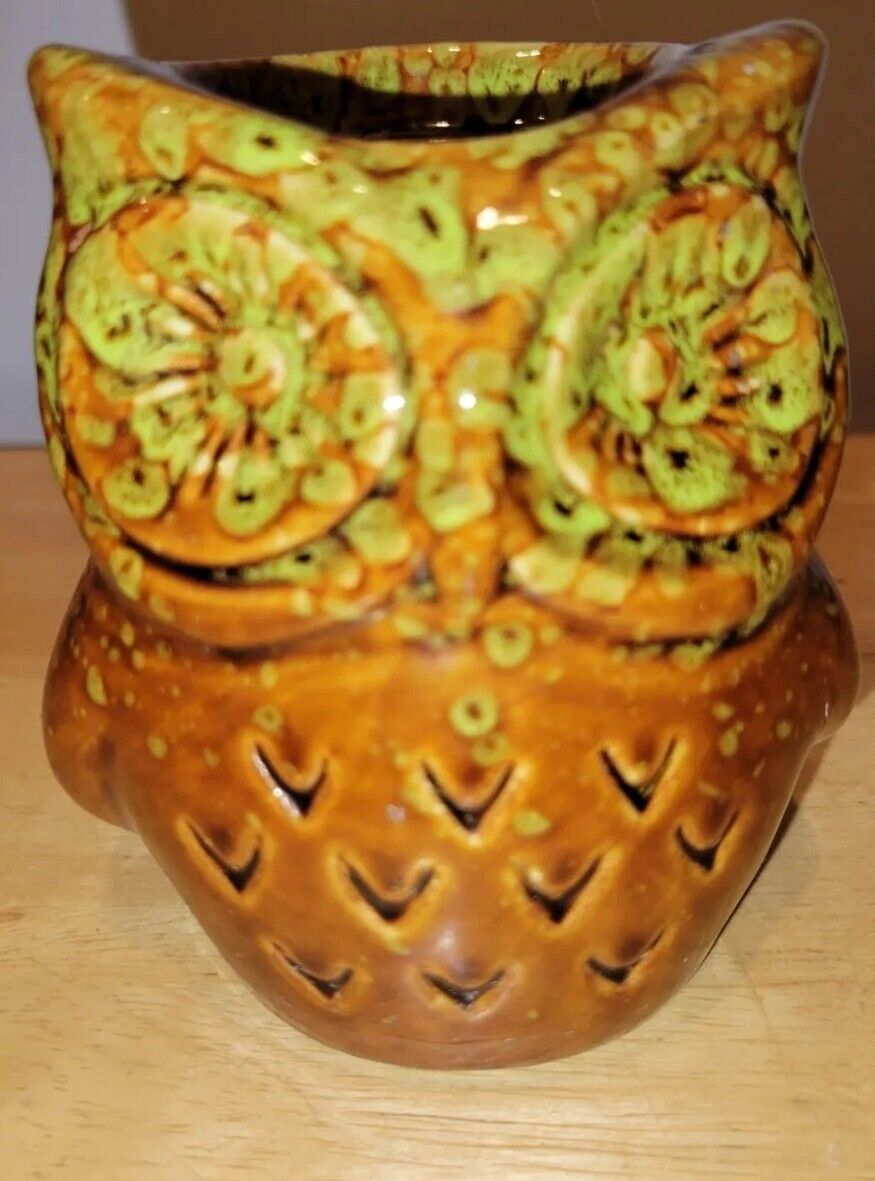 Owl Vintage 1970s  Ceramic Yellow Orange Brown