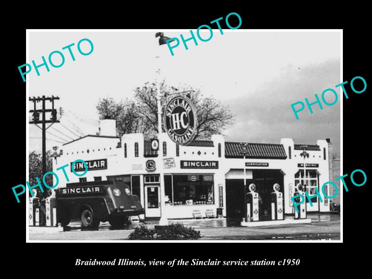 OLD LARGE HISTORIC PHOTO OF BRAIDWOOD ILLINOIS THE SINCLAIR GAS STATION c1950
