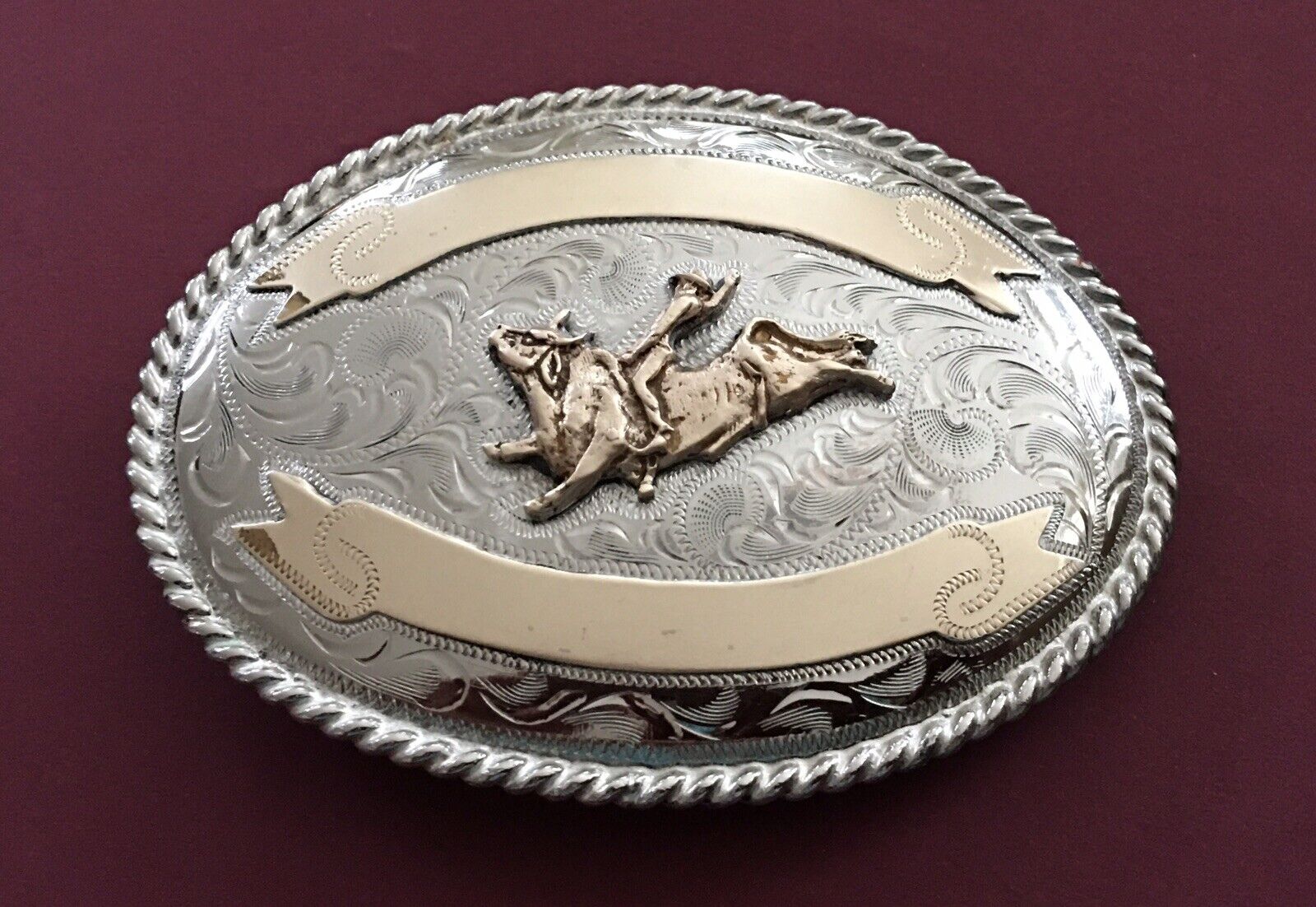 Awesome Old Vintage Western 2 Banner Silver Tone Bull Rider Trophy Belt Buckle