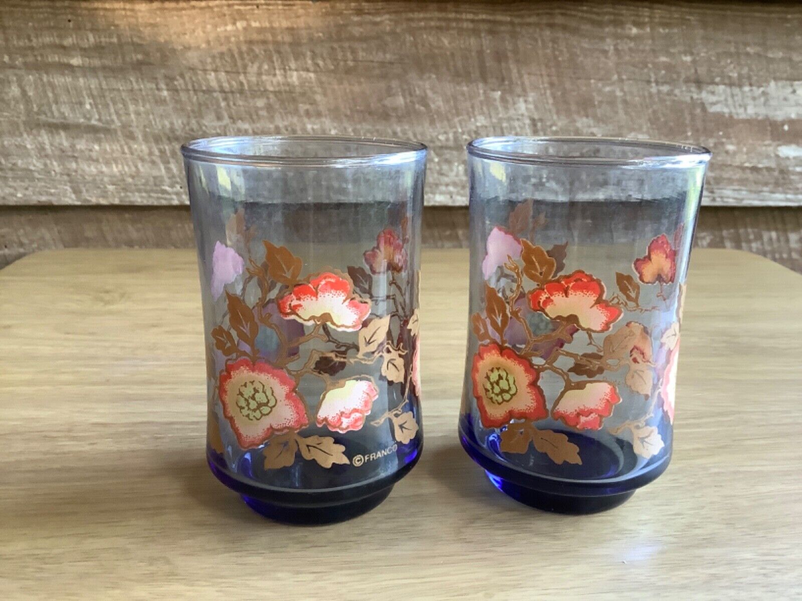 Vintage Libbey Juice Glasses 2 Franco Coral Poppies Blue Fade Cottagecore Shabby