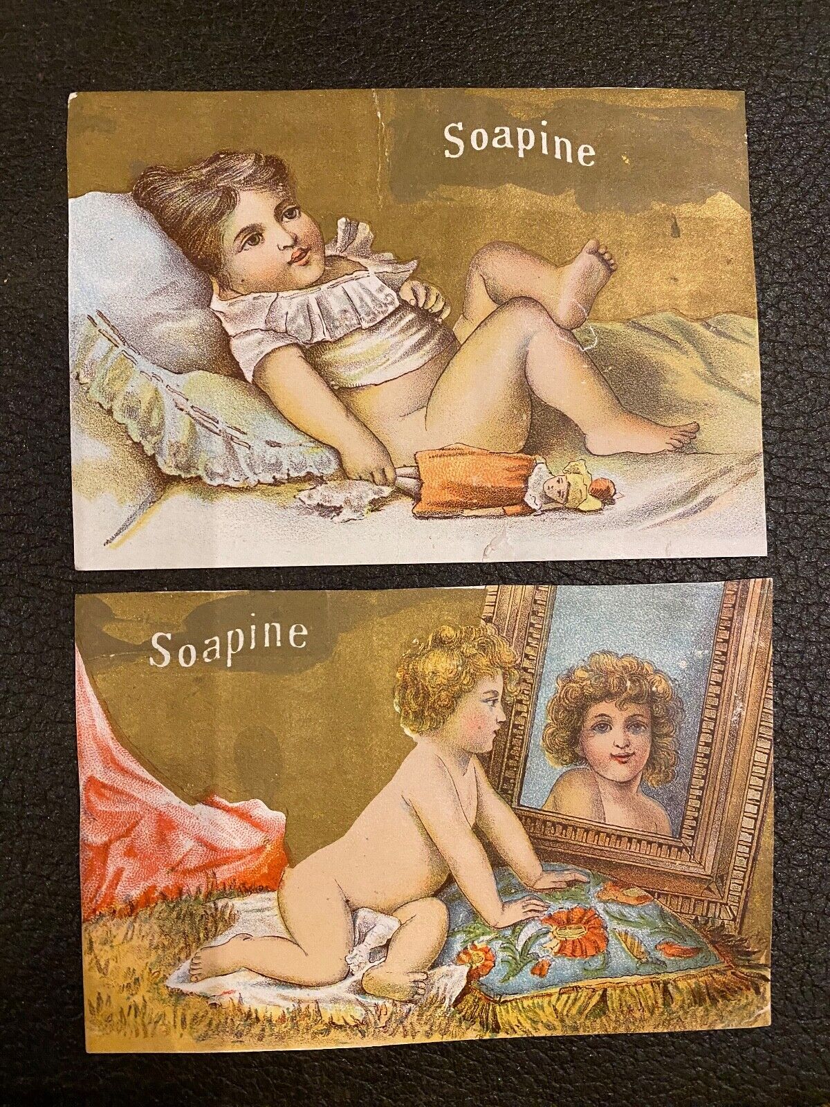 2 Beautiful Babies Golden 1800\'s AD Trade Cards SOAPINE Providence Rhode Island