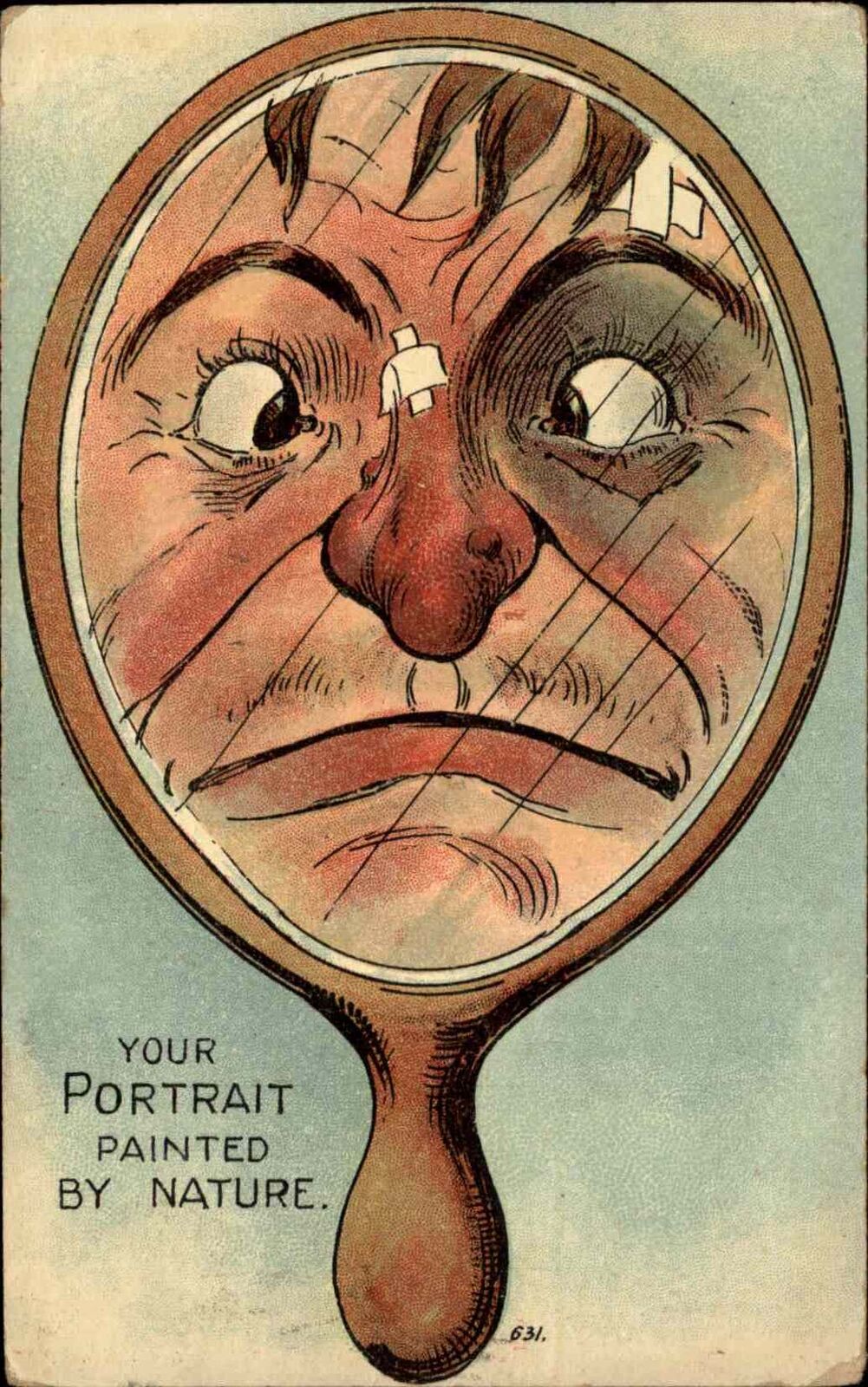 Ugly Man Sees Reflection Handheld Mirror Comic c1910 Vintage Postcard