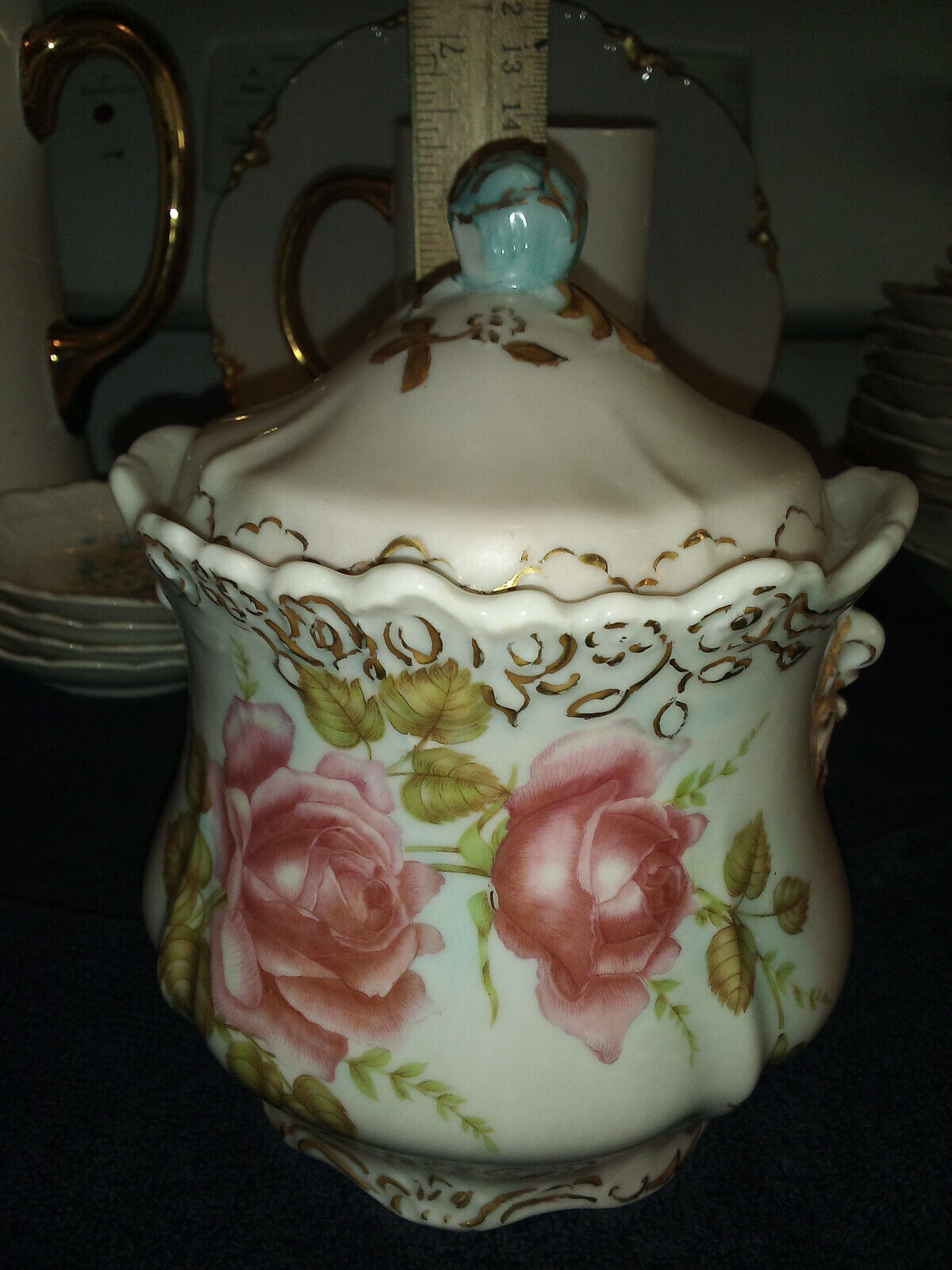 antique porcelain dresden german roses biscuit jar humidor lidded