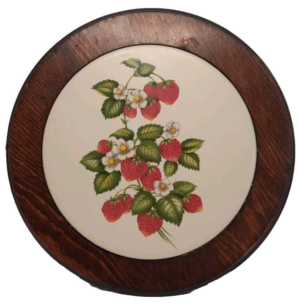Vintage Mid-Century Mod Ceramic/Wood Kitchen Tile/Trivet/Coaster Red Strawberry