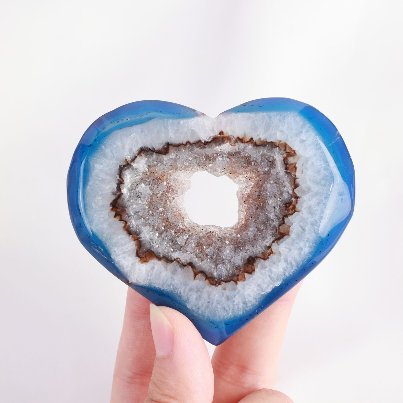 1PC Rare Blue Agate Heart Shaped Geode Natural Geode Glitter Love Palm Stone 