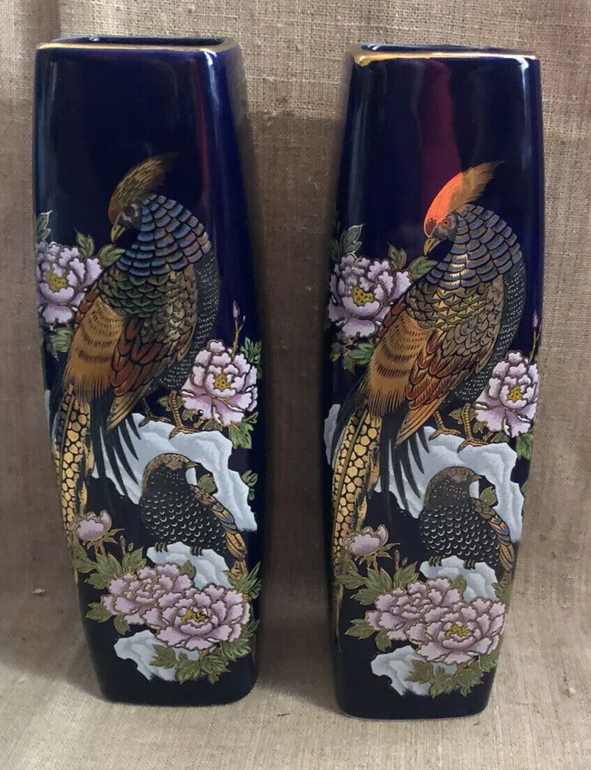 Kutani Cobalt Blue Interpur Oriental Decorated Vase SET OF 2 Pheasants Pattern
